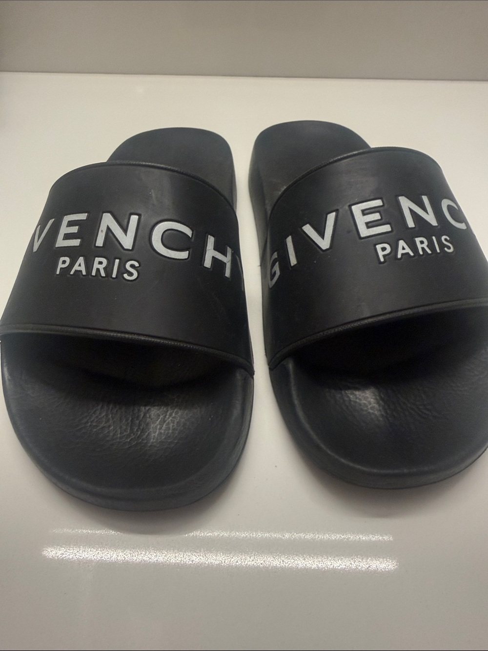 Givenchy Black Womens Logo Slide Sandals with White Lettering